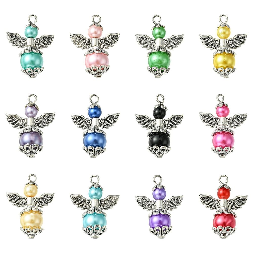 7974 60pcs 12 Styles Glass Pearl Angel Wing Charms Colorful Beads Guardian
